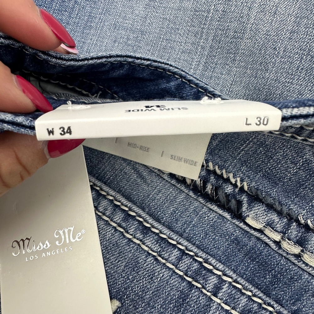 Miss Me Mid Rise Slim Wide Jeans W34 L30 Y2K Bling Thick‎ Stitch Bootcut NWT - Picture 9 of 16